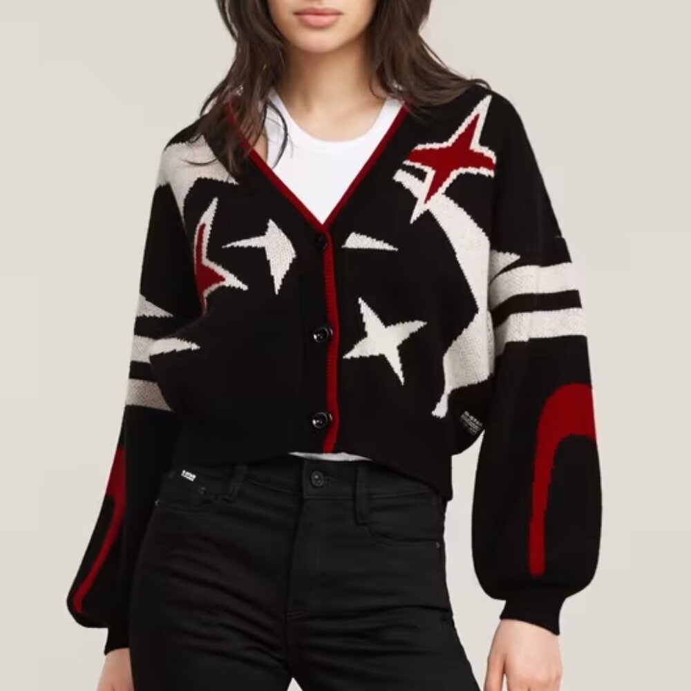 G-Star Holiday Loose Knitted Cardigan in Black/Red, Size M, New with Tag